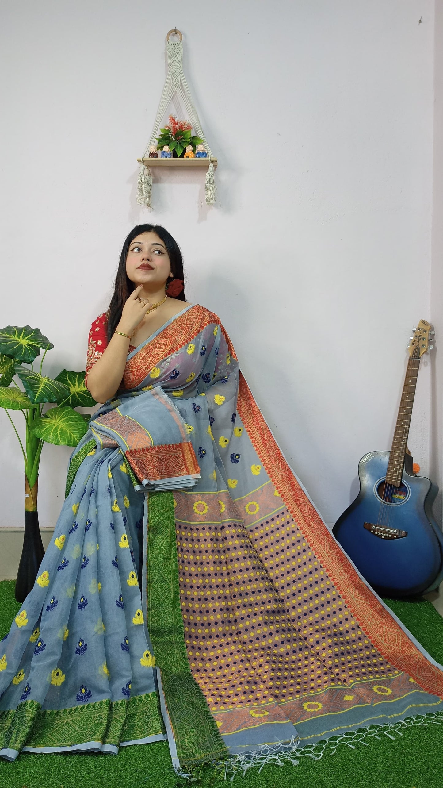 Woven Design Soft Dhakai Jamdani Saree Cotton Silk