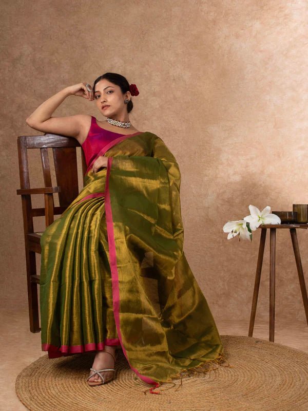Airy Organic Tissue Silk Saree in Olive Green - Rebistore