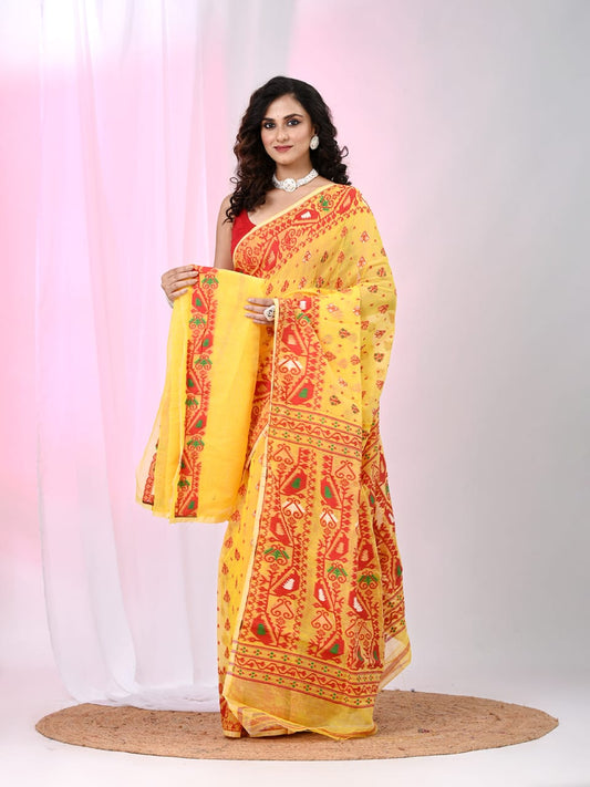 Design Dhakai Jamdani Saree Cotton Silk Color Yellow - Rebistore
