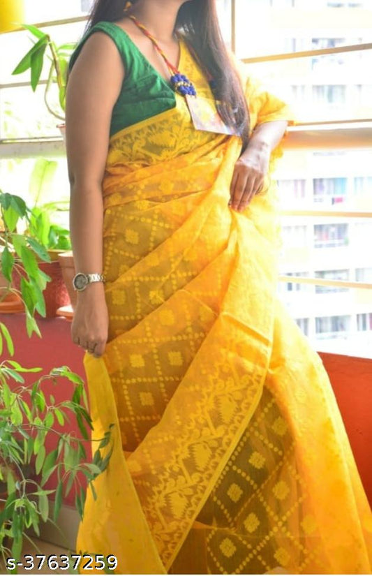 Design Dhakai Jamdani Saree Cotton Silk Color Yellow - Rebistore