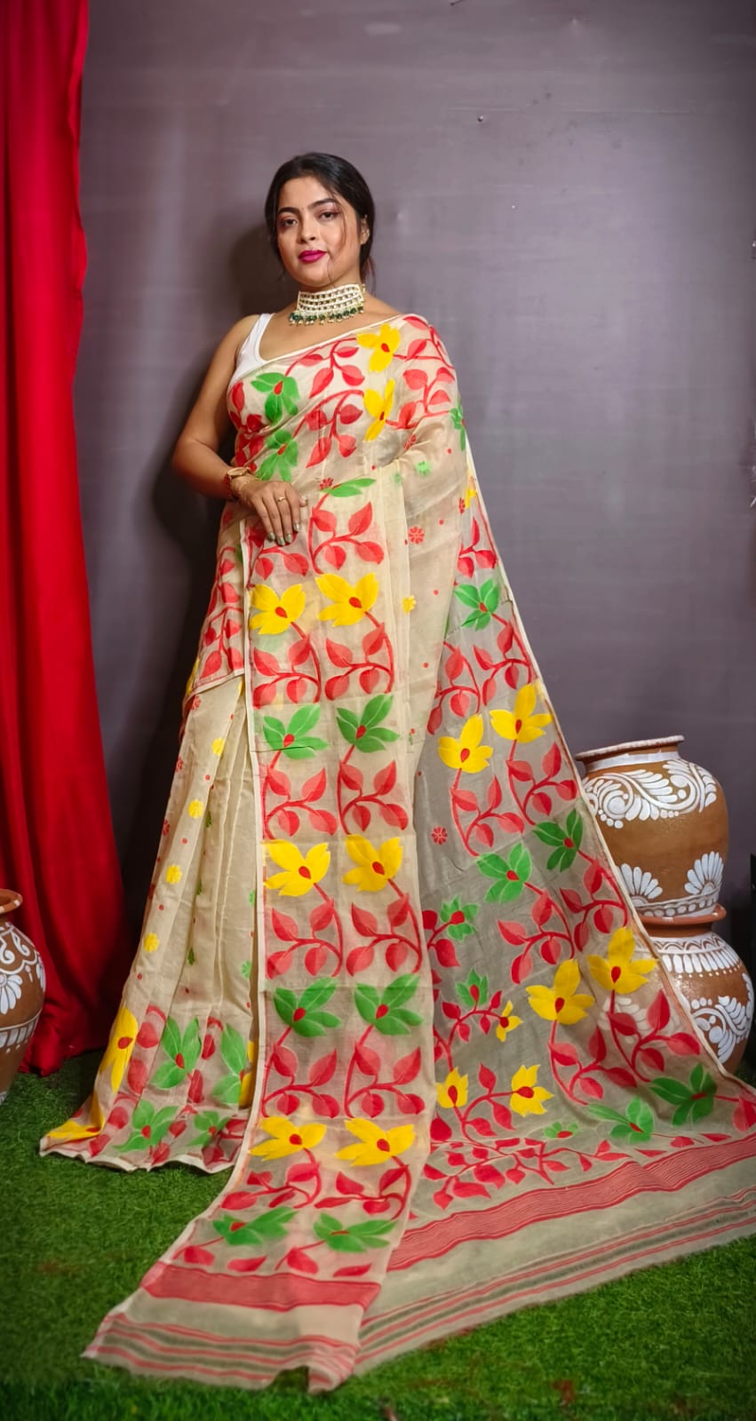 DESIGND DHAKAI JAMDANI SAREE COLOR BEIGE - Rebistore