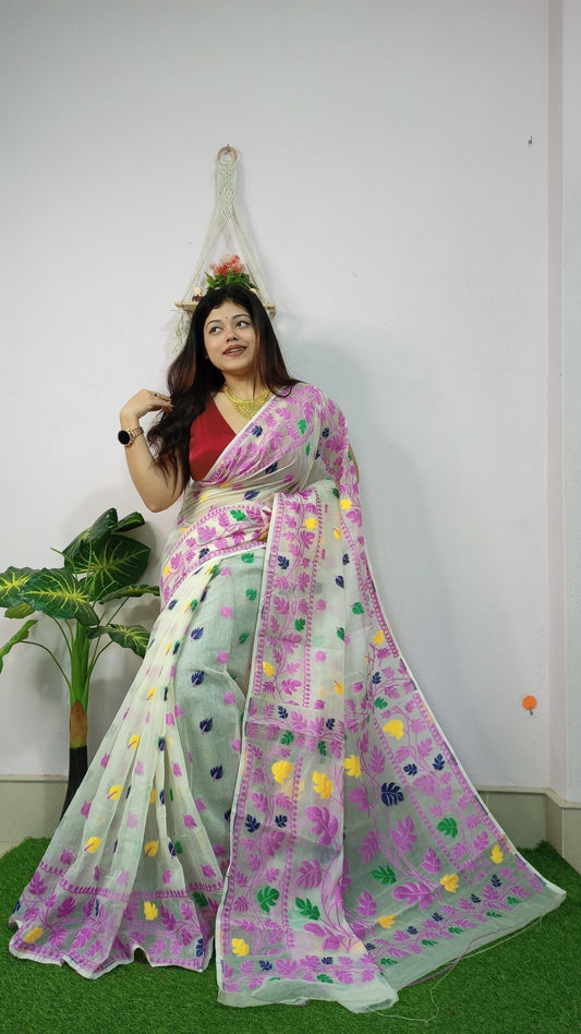 DESIGND DHAKAI JAMDANI SAREE COLOR GARLIC WHITE - Rebistore