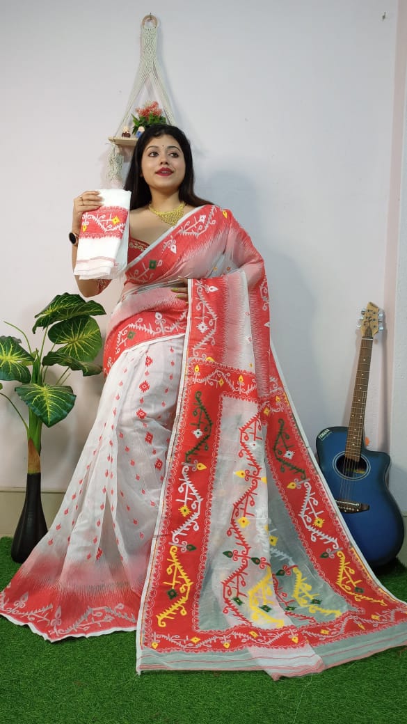 Dhakai Jamdani Saree Cotton Silk Saree Color White - Rebistore