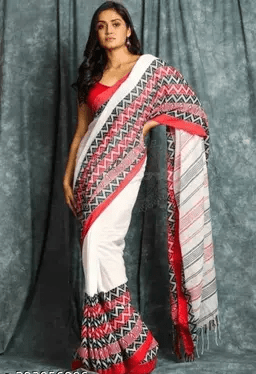 Women’s Cotton Handloom Saree Color White - Rebistore