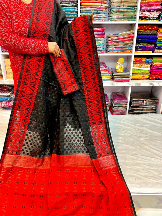 Women’s Dhakai Jamdani Saree Cotton Silk Color Black - Rebistore