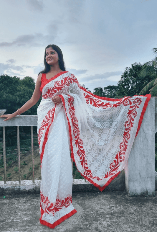 Women's Soft Dhakai Jamdani Saree Color Red White - Rebistore