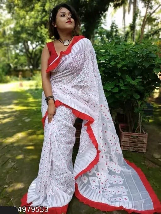 Women's Soft Dhakai Jamdani Saree Color Red White - Rebistore