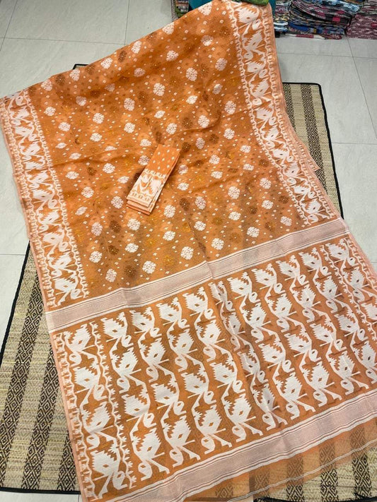 Woven Design Cotton Silk Dhakai Jamdani Saree Color Bronze - Rebistore