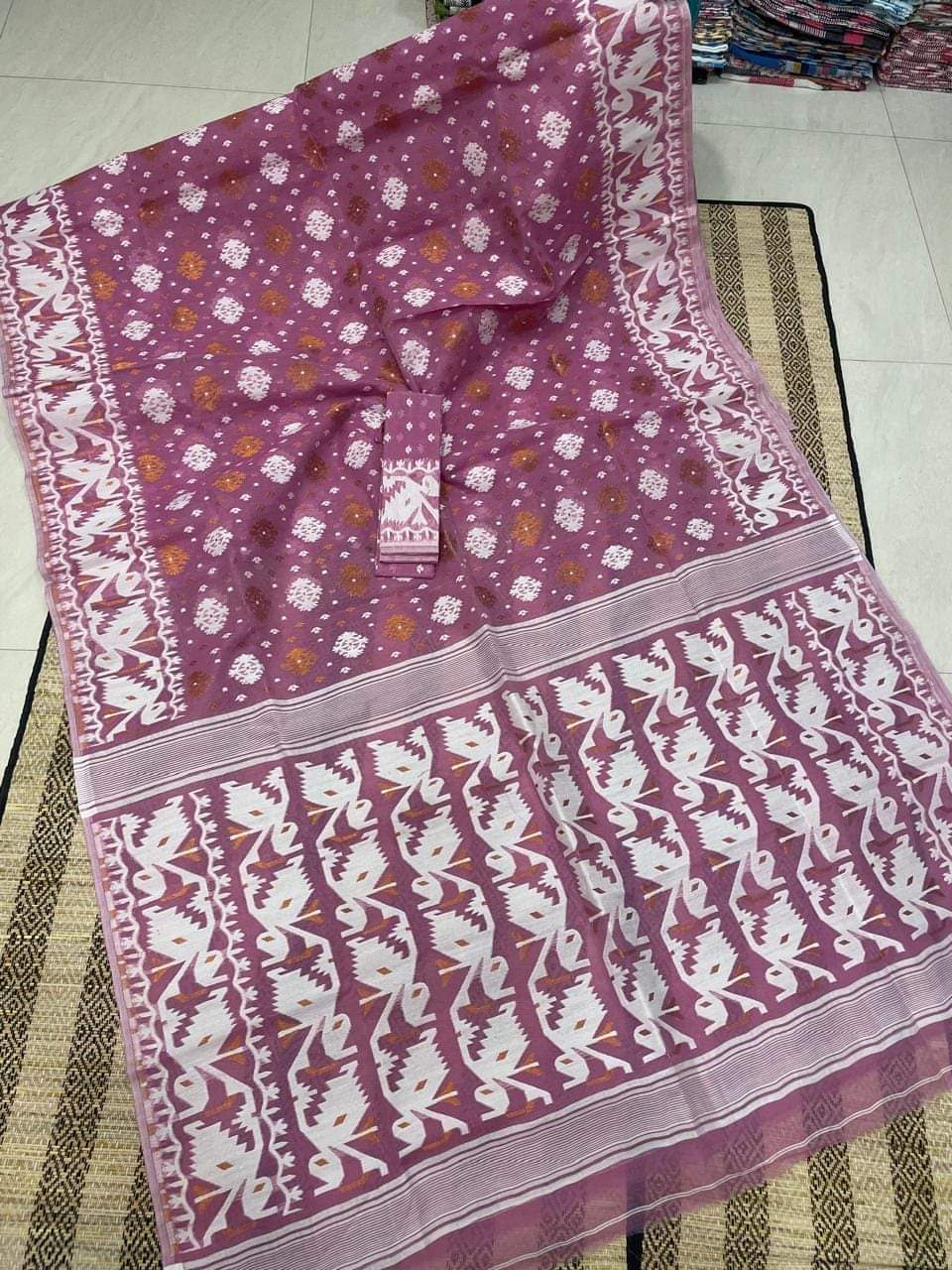 Woven Design Cotton Silk Dhakai Jamdani Saree Color Rose Gold - Rebistore