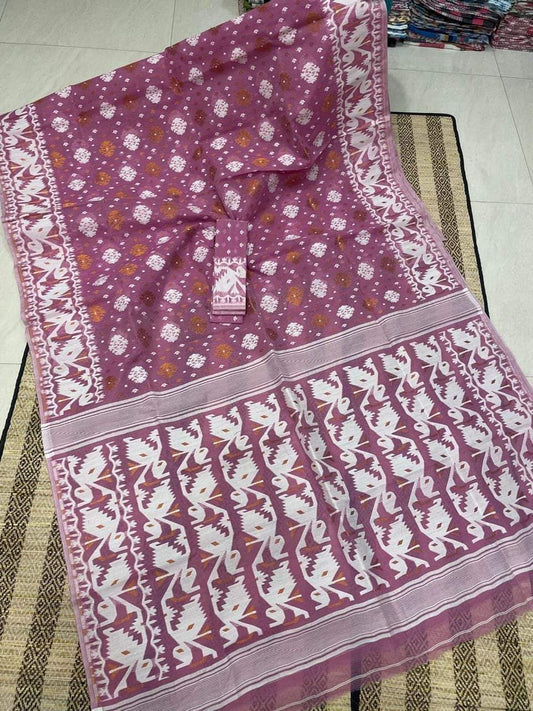 Woven Design Cotton Silk Dhakai Jamdani Saree Color Rose Gold - Rebistore