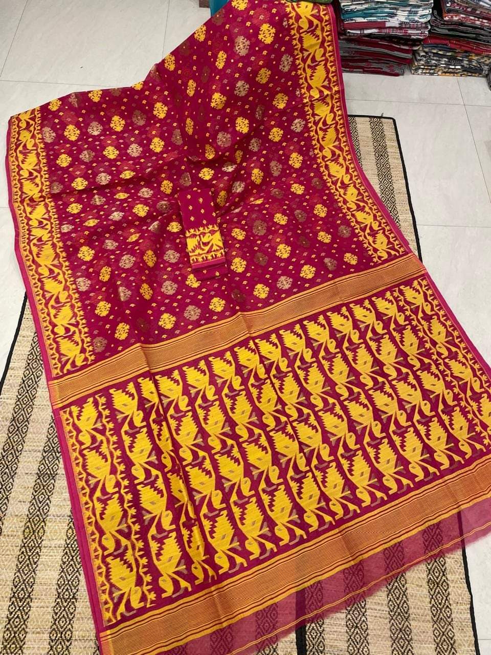 Woven Design Cotton SilkDhakai Jamdani Saree Color Rani red - Rebistore