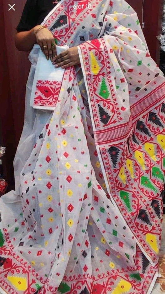 Woven Design Dhakai jamdani Saree Color White - Rebistore
