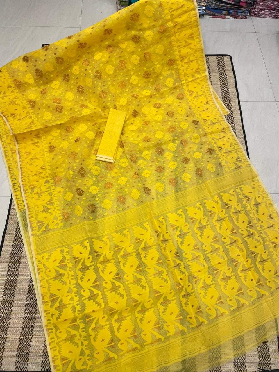 Woven Design Dhakai Jamdani Saree Color Yellow - Rebistore