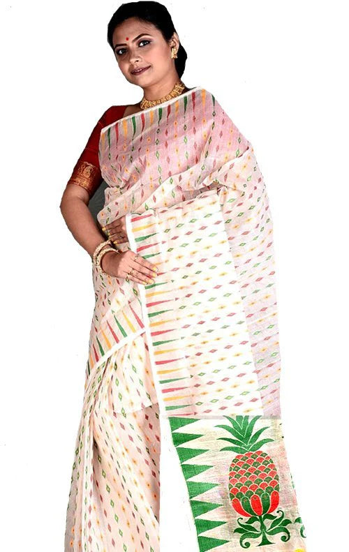 Woven Dhakai Jamdani Saree Cotton Silk Color White