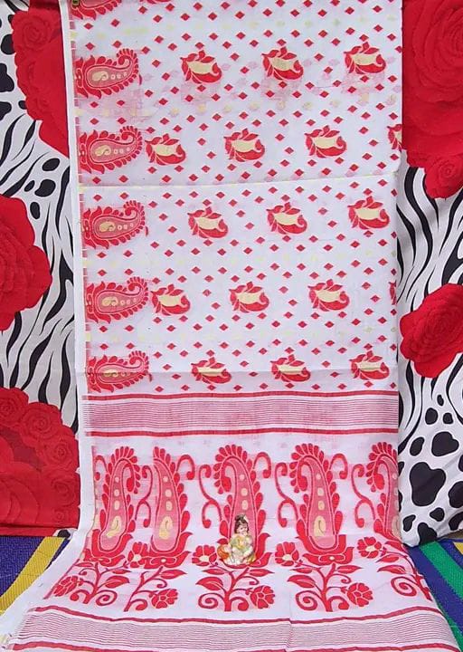 Woven Design Dhakai Jamdani Saree Cotton Silk Pack( 3 ) Color Rani White Yellow - Rebistore