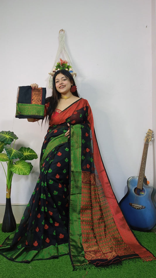 Woven Design Soft Dhakai Jamdani saree Color Black - Rebistore