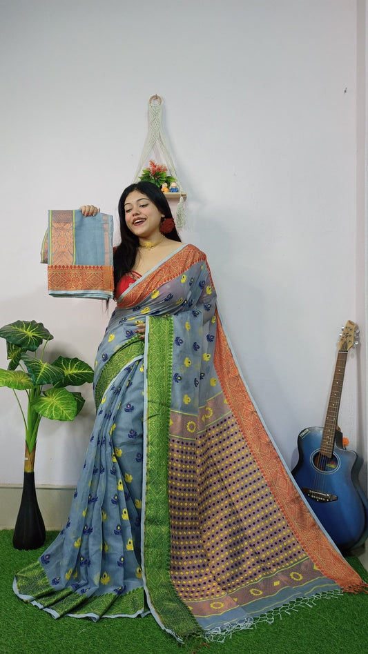 Woven Design Soft Dhakai Jamdani Saree Cotton Silk - Rebistore