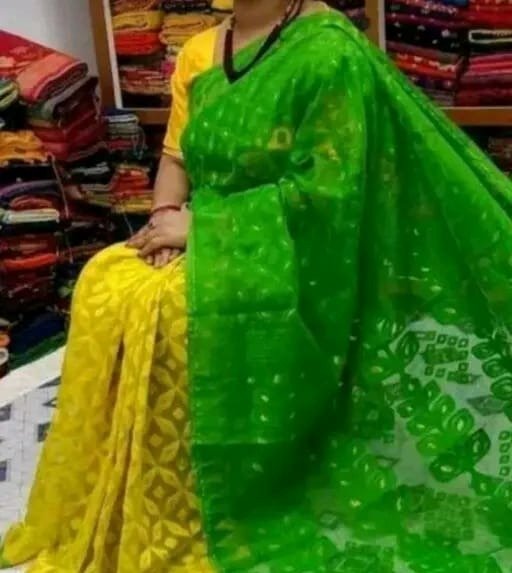 Woven Design Soft Jamdani Saree Cotton Silk Color Yellow Green - Rebistore