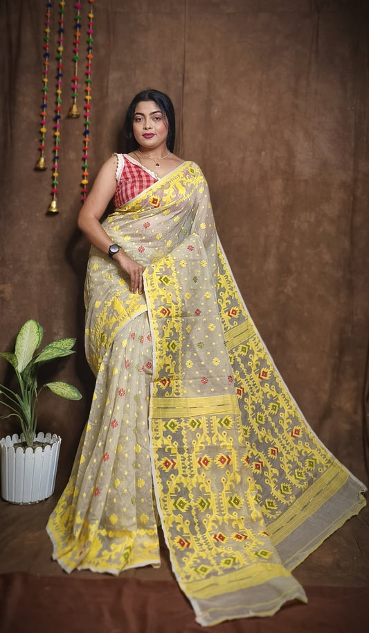 WOVEN DESIGND DHAKAI JAMDANI SAREE COLOR BEIGE - Rebistore