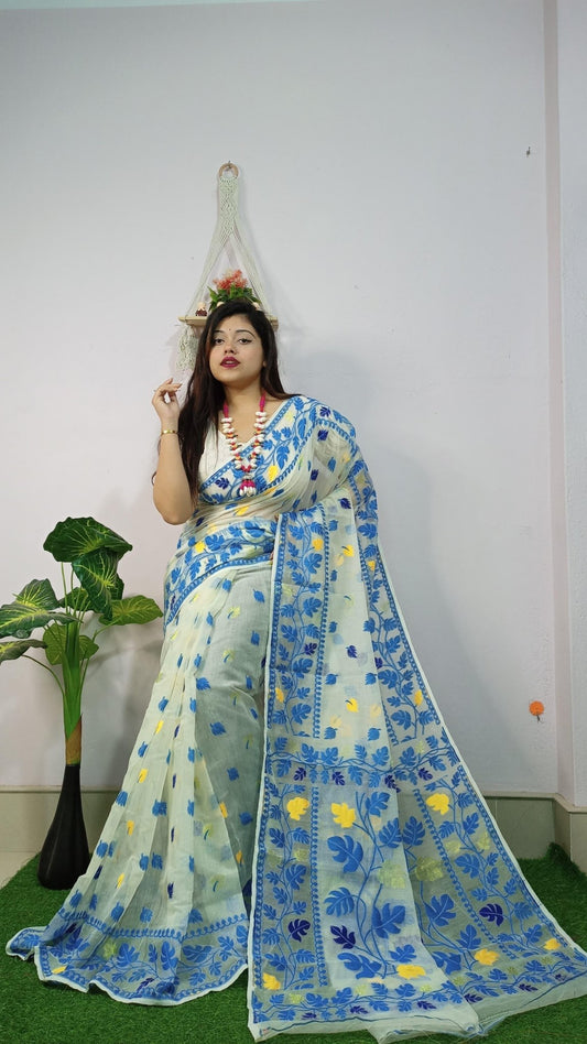 WOVEN DESIGND DHAKAI JAMDANI SAREE COLOR GARLIC WHITE - Rebistore