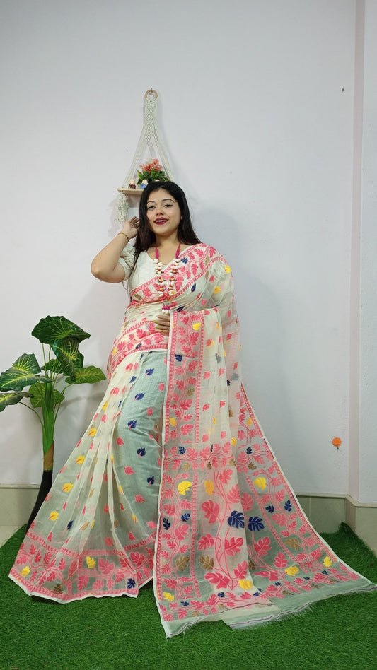 WOVEN DESIGND DHAKAI JAMDANI SAREE COLOR GARLIC WHITE - Rebistore