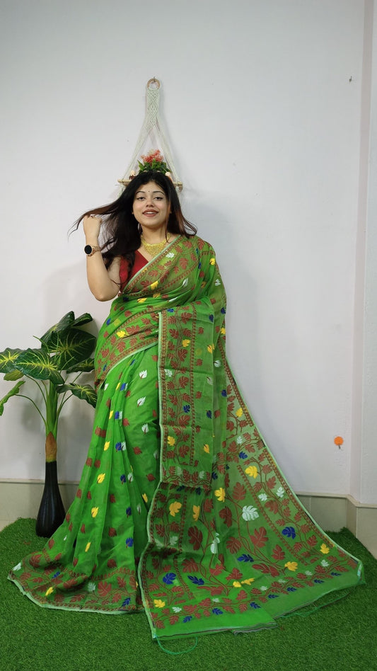 WOVEN DESIGND DHAKAI JAMDANI SAREE COLOR GREEN - Rebistore
