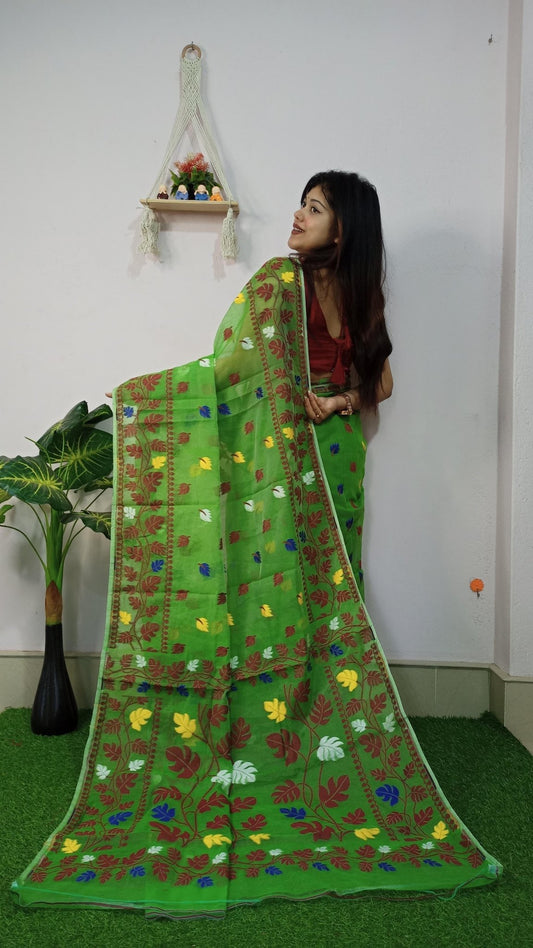 WOVEN DESIGND DHAKAI JAMDANI SAREE COLOR GREEN - Rebistore