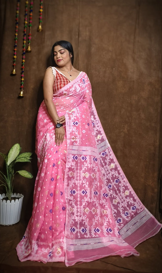 WOVEN DESIGND DHAKAI JAMDANI SAREE COLOR PINK - Rebistore