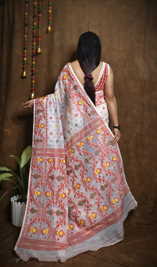 WOVEN DESIGND DHAKAI JAMDANI SAREE COLOR WHITE - Rebistore