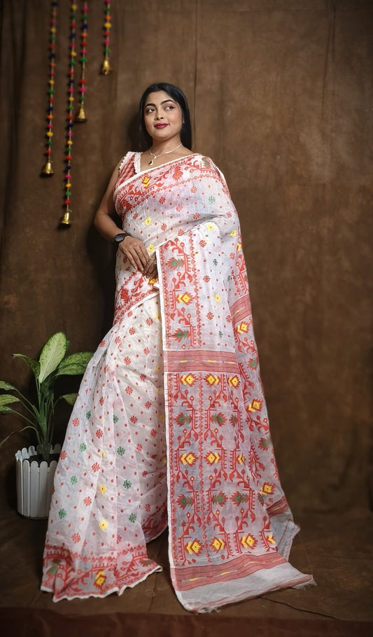 WOVEN DESIGND DHAKAI JAMDANI SAREE COLOR WHITE - Rebistore