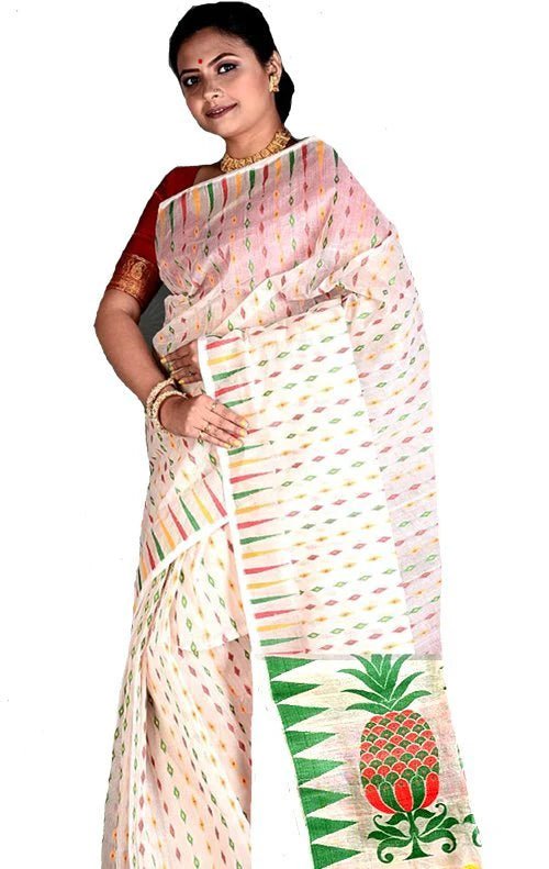Woven Dhakai Jamdani Saree Cotton Silk Color White - Rebistore