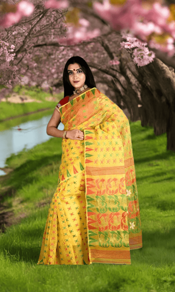 Woven Jamdani Cotton Silk Saree Color Yellow - Rebistore
