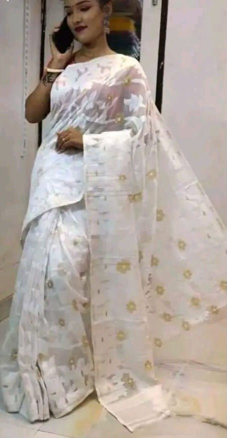 Woven Soft Dhakai Jamdani Saree Color White - Rebistore