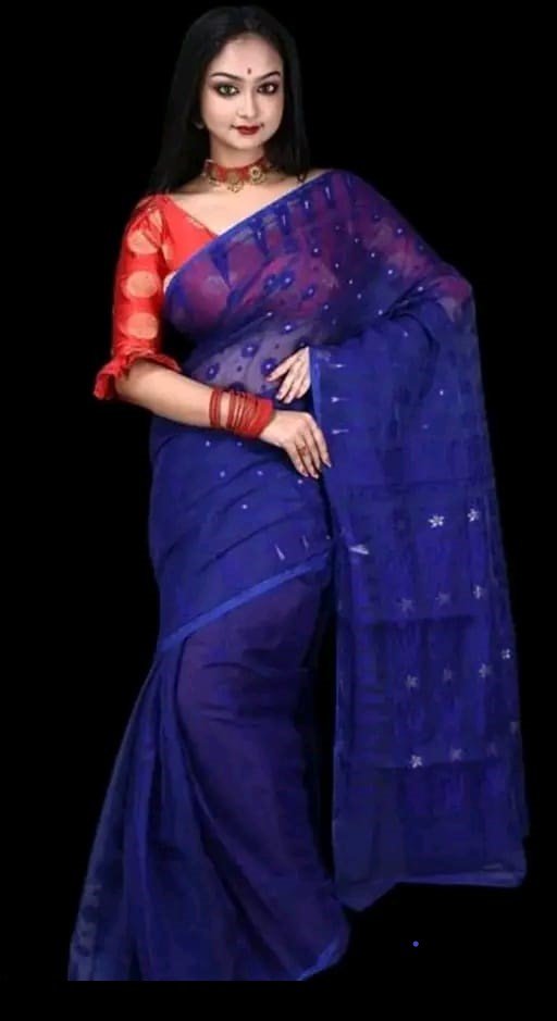 Woven Soft Dhakai Jamdani Saree Cotton Silk Color Blue - Rebistore