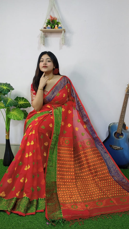 Woven Soft Dhakai Jamdani Saree Cotton Silk Color Red - Rebistore