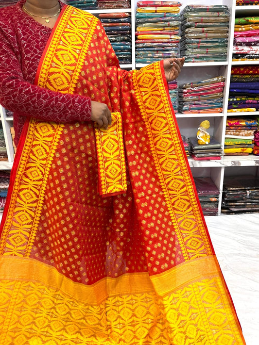 Woven Soft Dhakai Jamdani Saree Cotton Silk Color Red - Rebistore