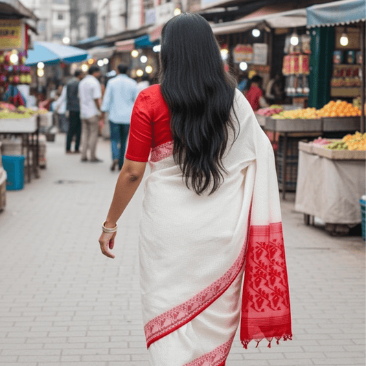 Woven Soft Dhakai Jamdani Saree Cotton Silk Color White Red - Rebistore
