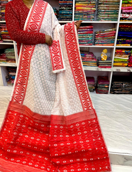Woven Soft Dhakai Jamdani Saree Cotton Silk Color White Red - Rebistore