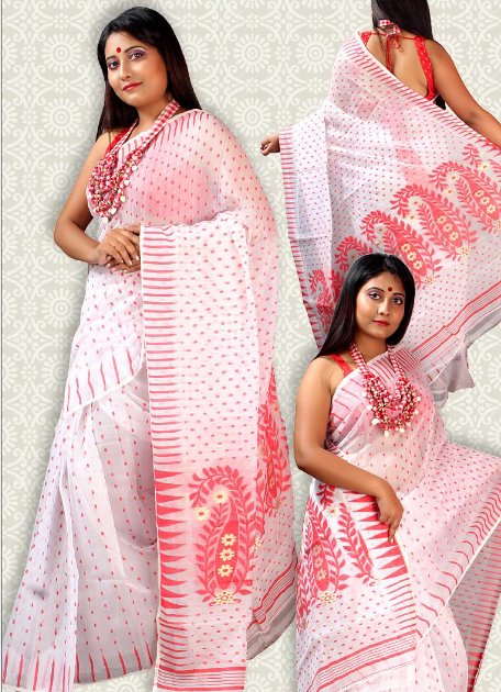 Best Qualty Hazar Buti Jamdani Saree (White) - Rebistore