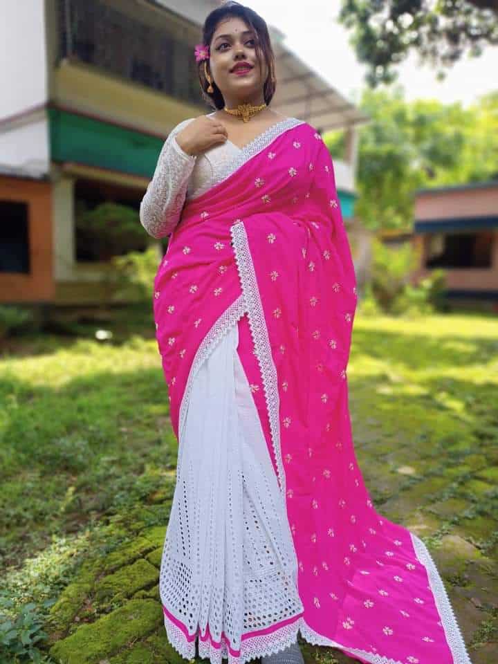 Hakoba Saree Half In Half Color Rani pink - Rebistore