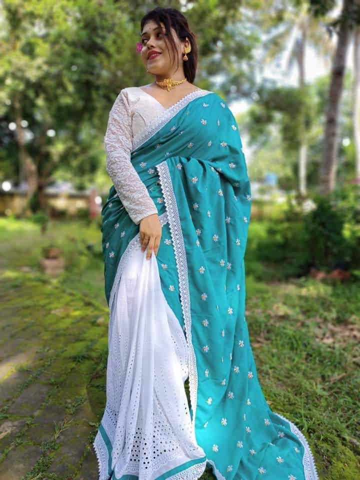 Hakoba Saree Half In Half Color Teal - Rebistore