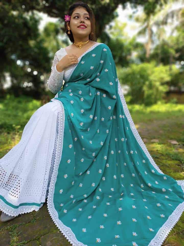 Hakoba Saree Half In Half Color Teal - Rebistore