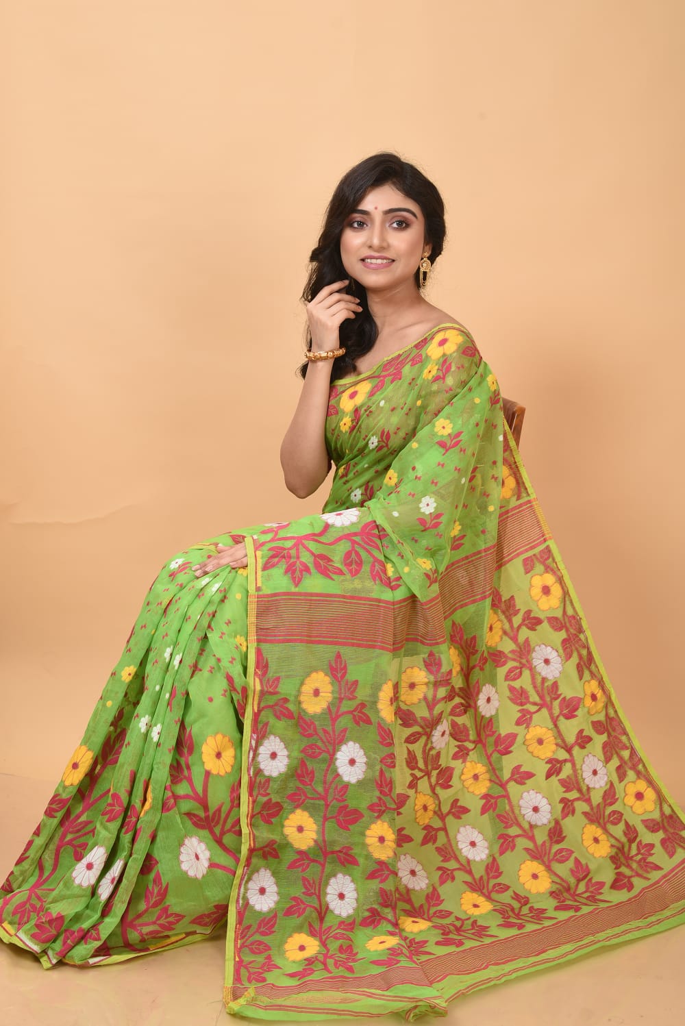 Soft Dhakai Jamdani Saree Cotton Silk Saree Color Green - Rebistore