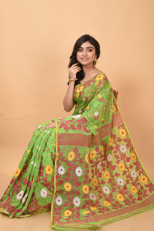 Soft Dhakai Jamdani Saree Cotton Silk Saree Color Green - Rebistore