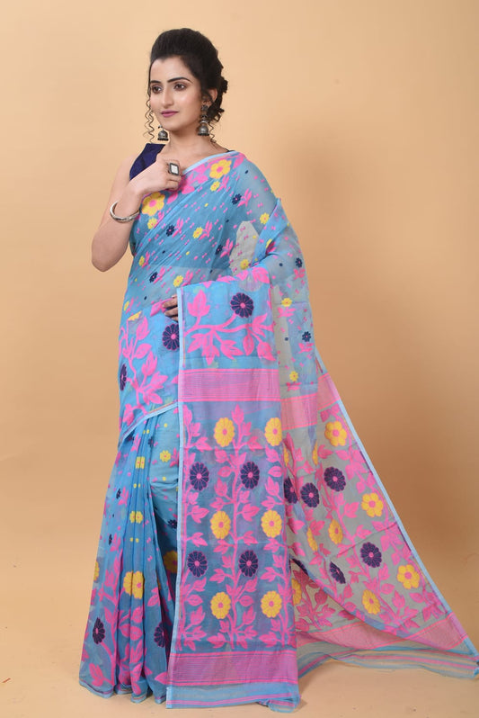 Soft Dhakai Jamdani Saree Silk Saree Color Aqua blue - Rebistore