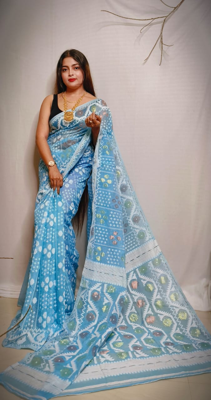 VROMOR KUNJO DHAKAI JAMDANI SAREE COLOR AQUA BLUE - Rebistore