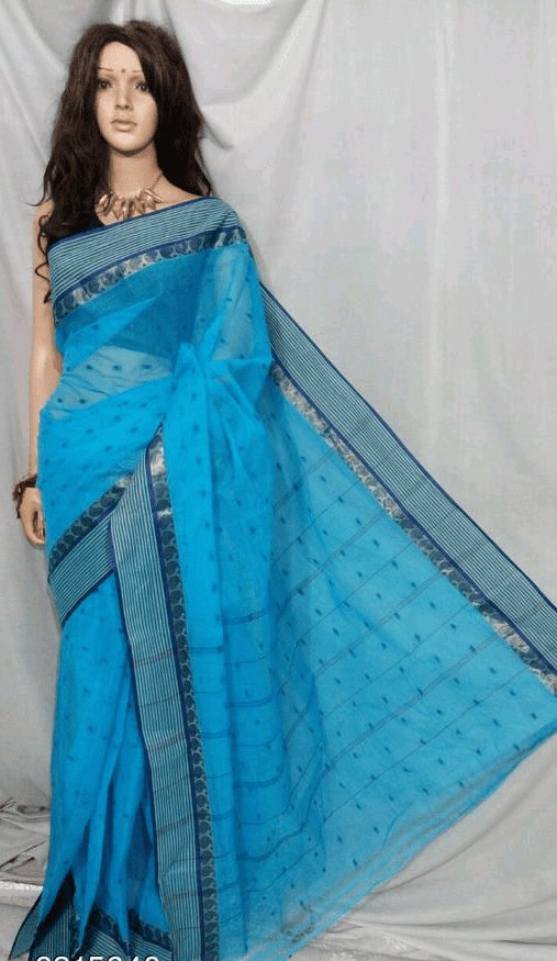 Women’s Cotton HandloomTaant Saree Color Aqua blue - Rebistore