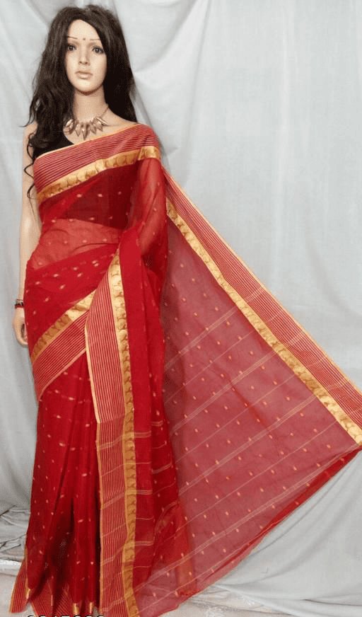 Women’s Cotton HandloomTaant Saree Color Red - Rebistore