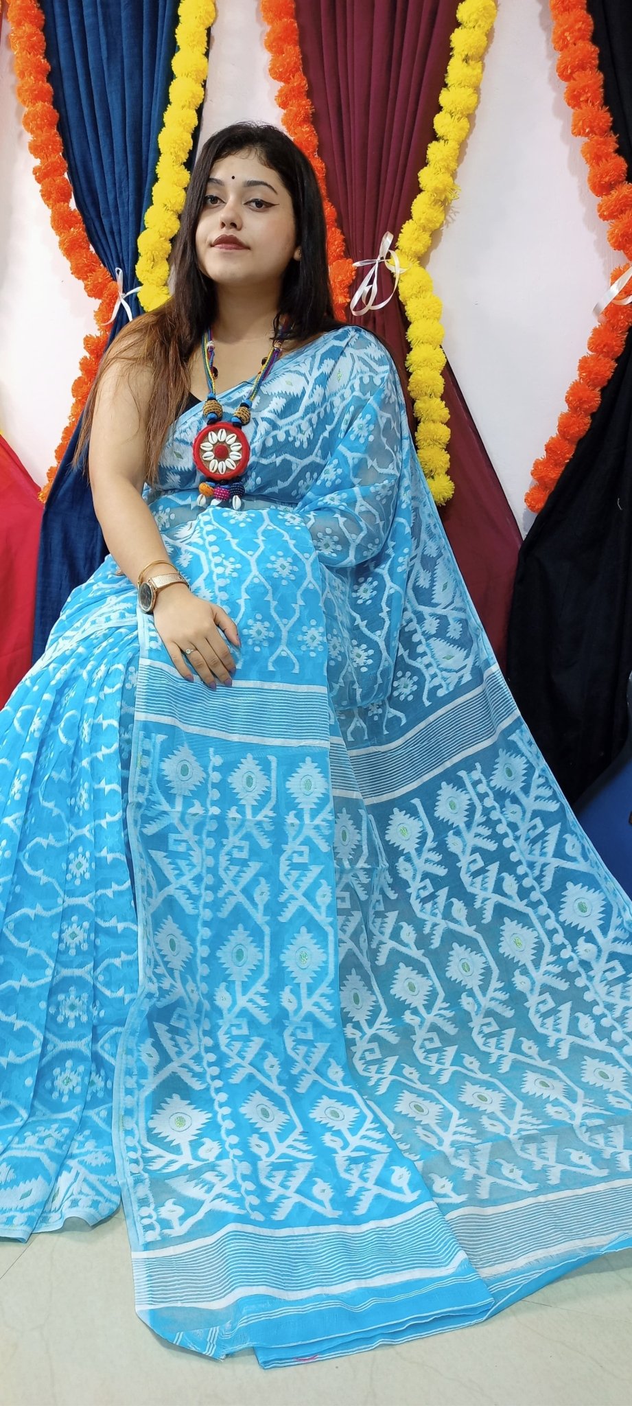 Women's Soft Dhakai Jamdani Saree Color Aqua blue - Rebistore