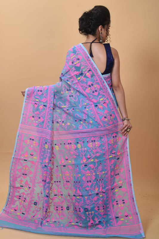 WOVEN DESIGND SOFT DHAKAI JAMDANI SAREE COLOR AQUA BLUE - Rebistore